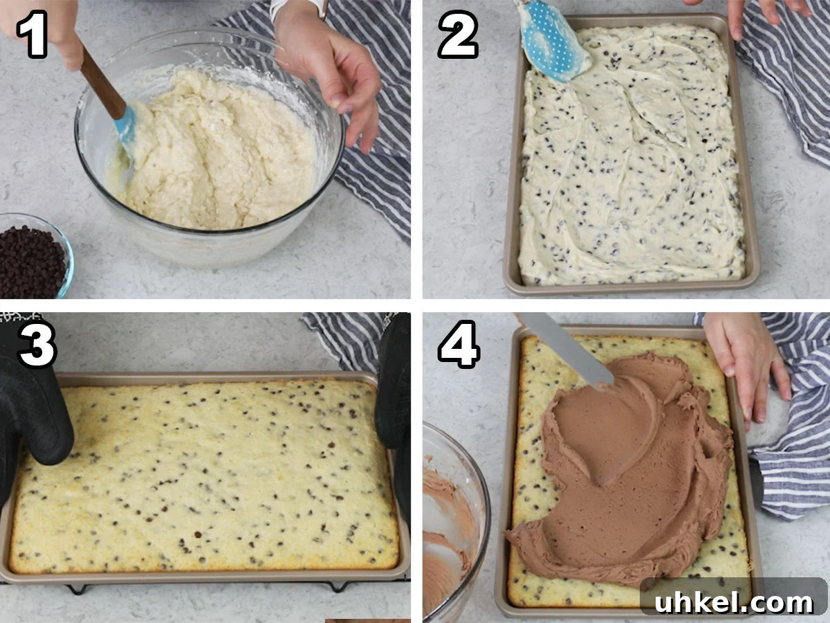 Classic Chocolate Chip Sheet Cake Recipe 4 Collage showing 4 steps to making a chocolate chip sheet cake.