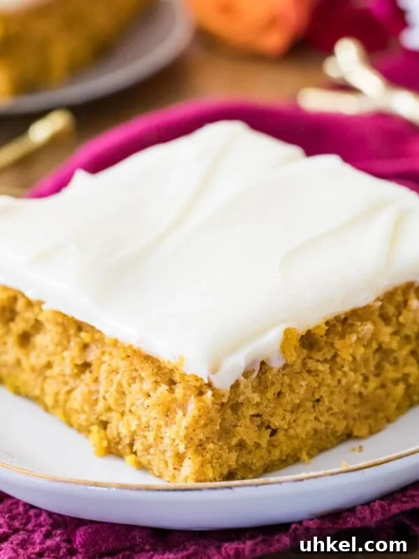 Classic Chocolate Chip Sheet Cake Recipe 8 Pumpkin bar frosted with cream cheese frosting on a white plate.