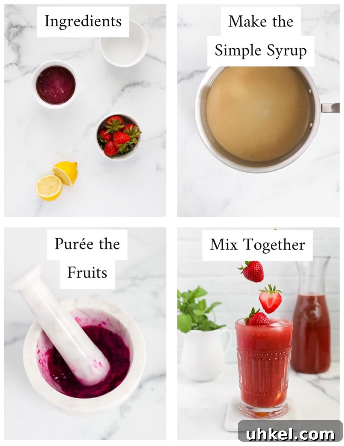 Homemade Strawberry Acai Lemonade 4 Four pictures in a collage including: ingredients, a pot full of simple syrup labeled "simple syrup", "puree the fruits" with a bowl of pureed fruit, and "mix together" with a glass filled with pink lemonade