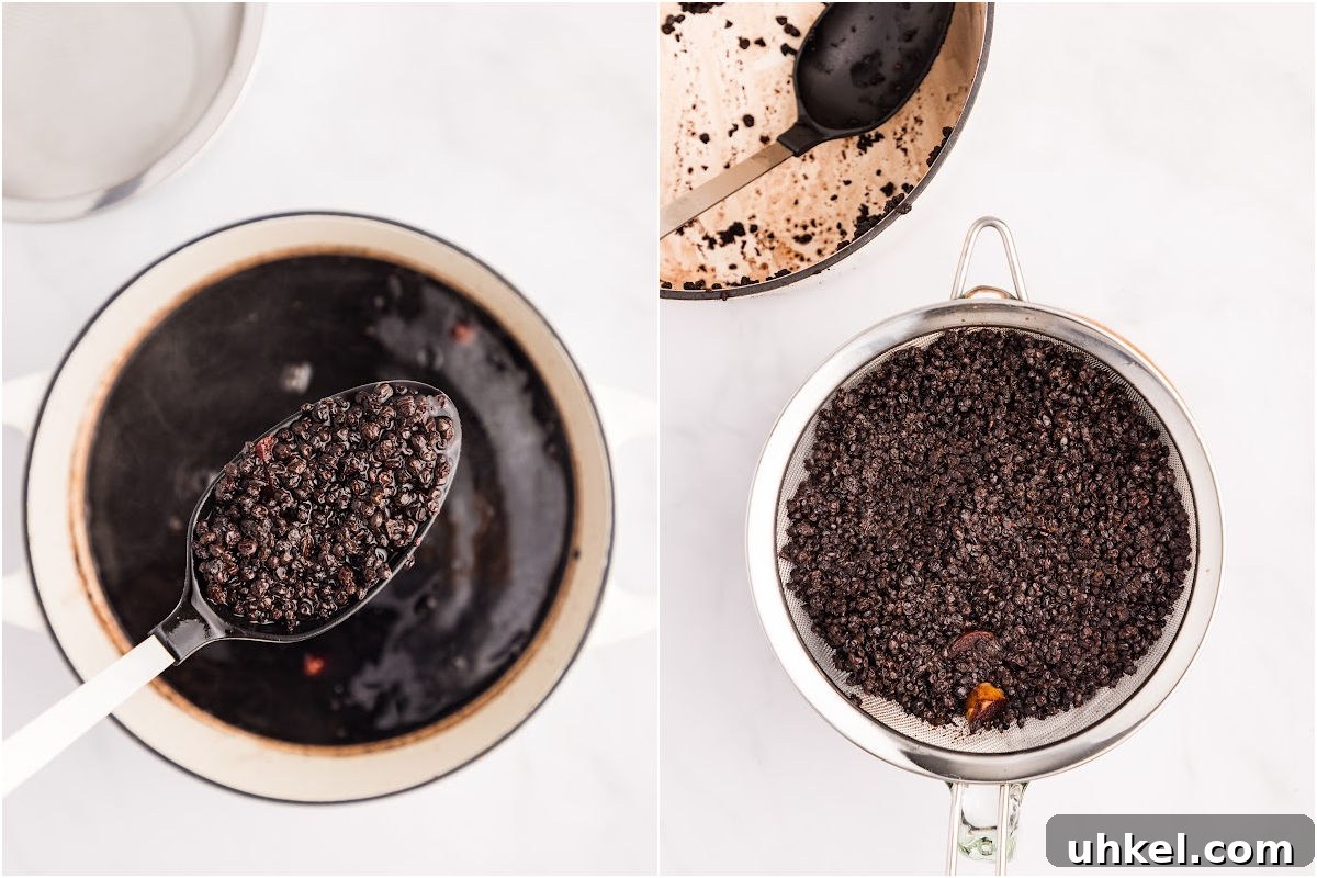 Spiced Elderberry Syrup: Step-by-Step Canning Instructions 5 elderberry mixture in pot with spoon showing dried berries, and mixture in strainer.