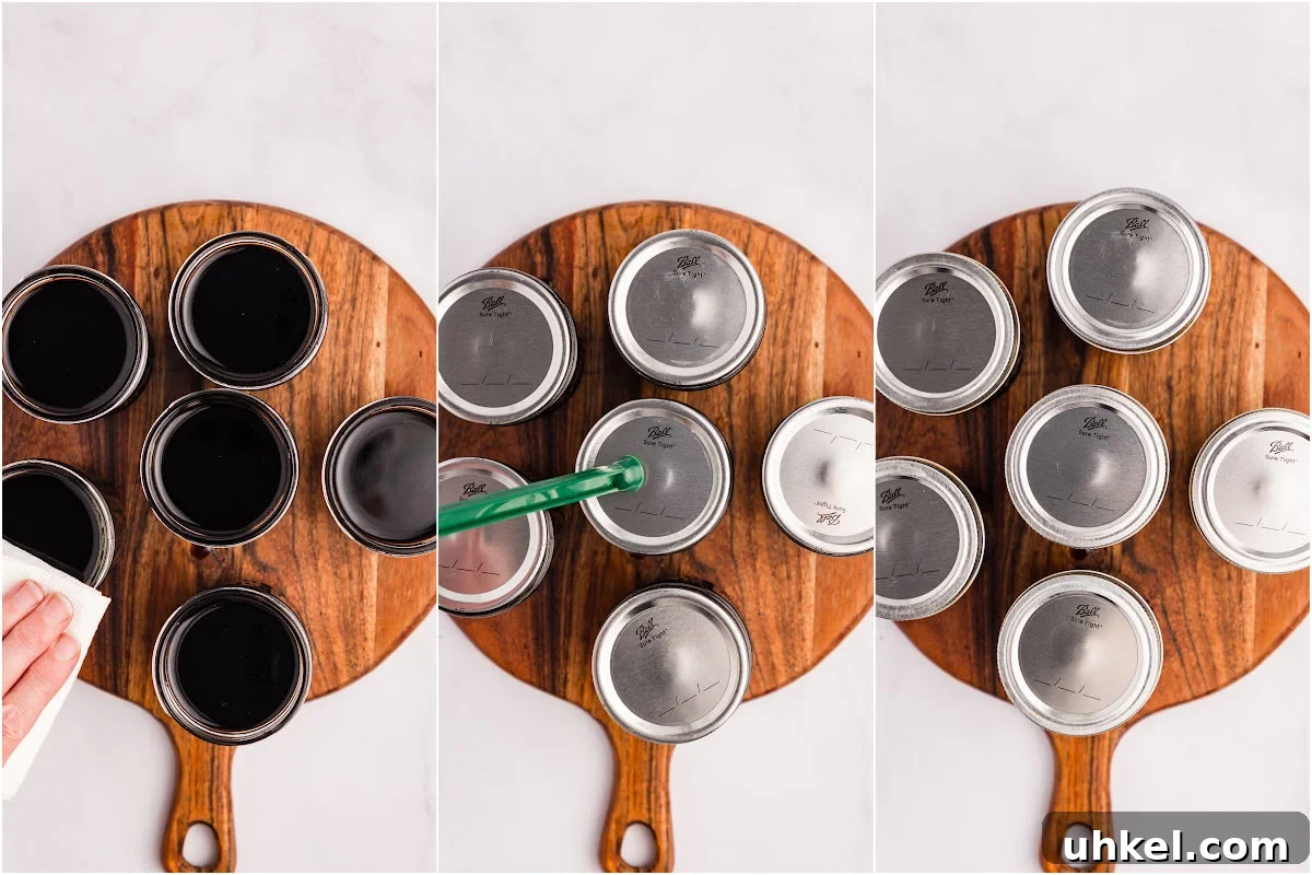 Spiced Elderberry Syrup: Step-by-Step Canning Instructions 9 rims of filled jars wiped clean, lids and rings attached.