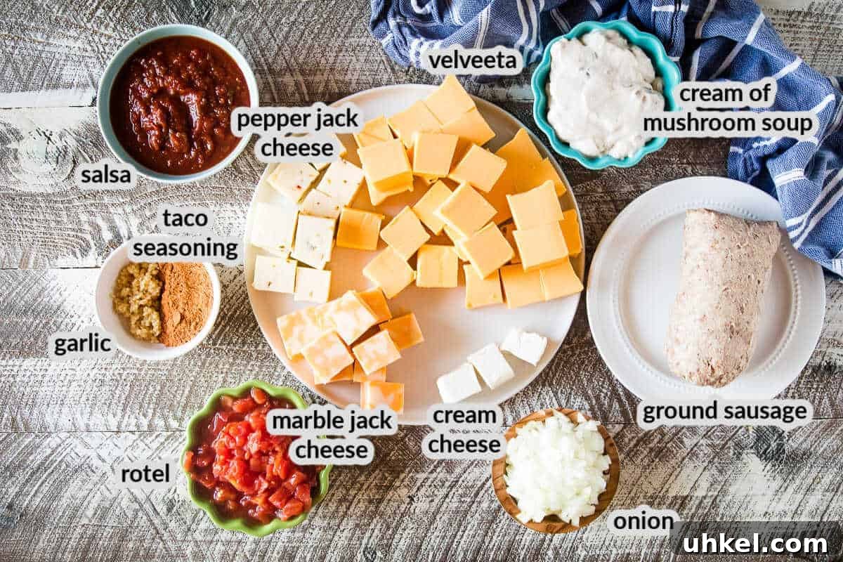 Smoked Queso Dip Recipe with Roasted Peppers and Chipotle 3 Overhead view of Smoked Queso Dip Ingredients