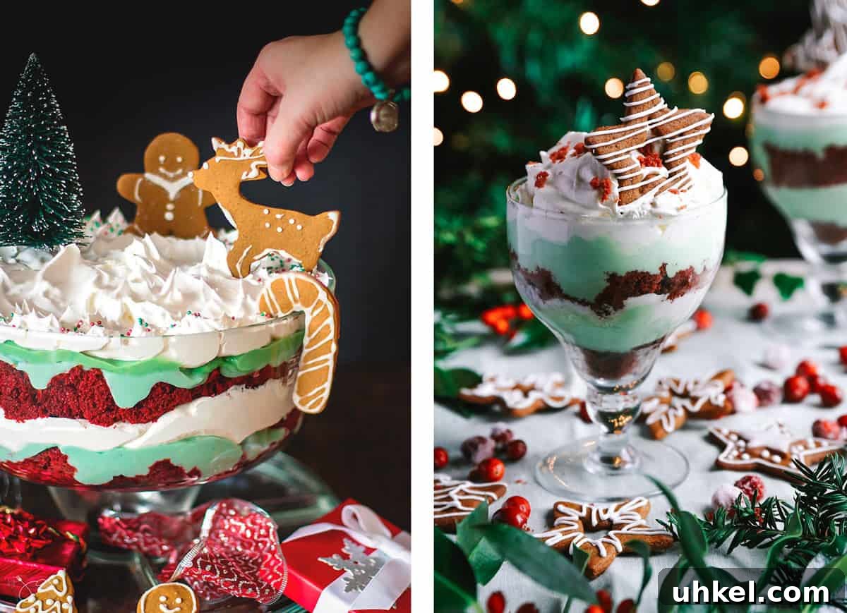 Festive Christmas Trifle Recipe with Berries and Cream 2 Large trifle bowl and individual trifle servings, layered dessert with red velvet cake and green pudding