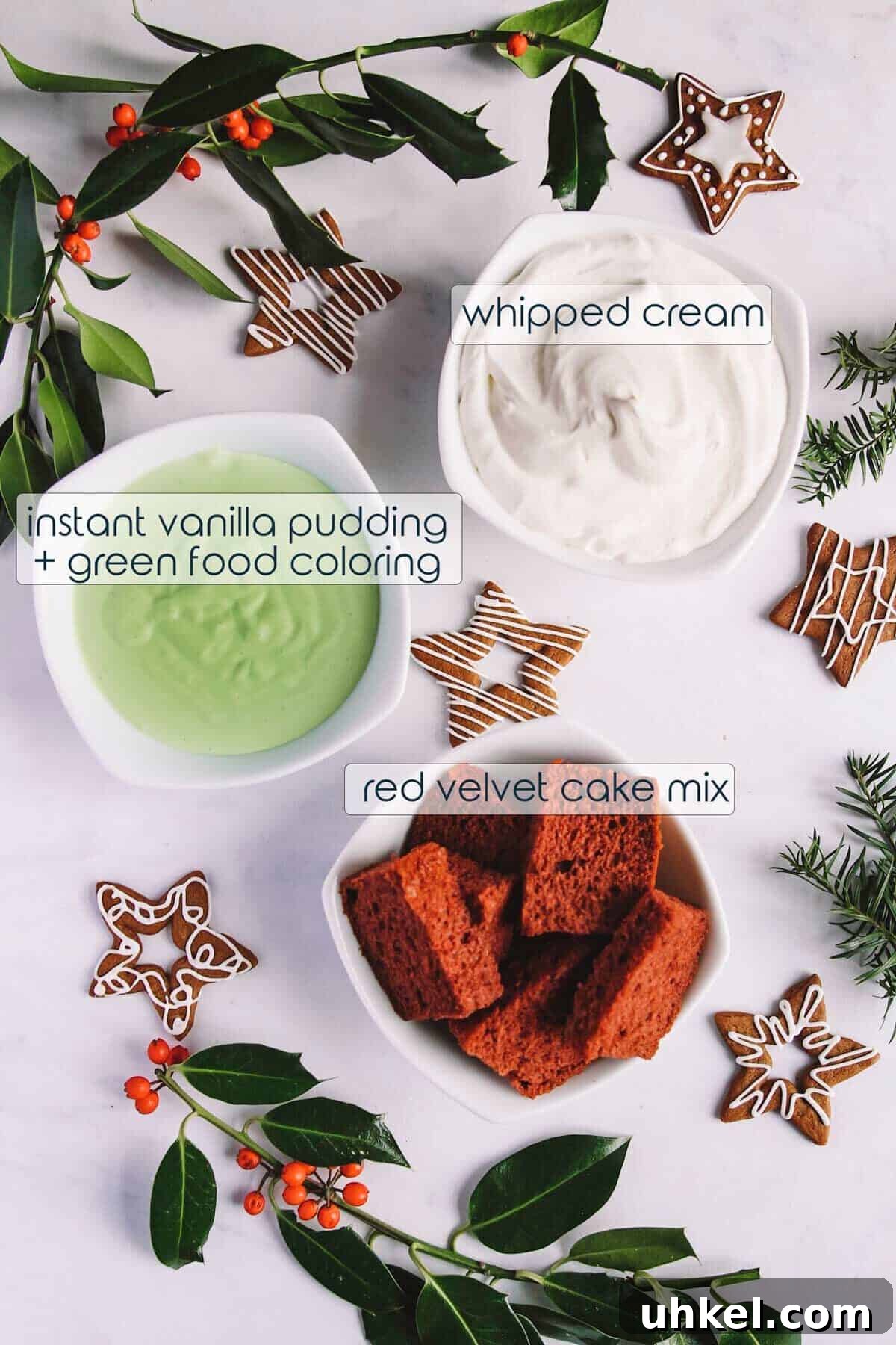 Festive Christmas Trifle Recipe with Berries and Cream 3 Ingredients laid out for Christmas trifle