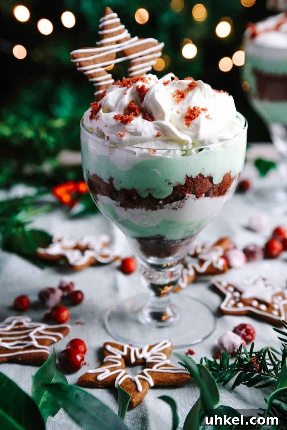 Festive Christmas Trifle Recipe with Berries and Cream 5 Closeup of individual trifle in glass with holiday lights